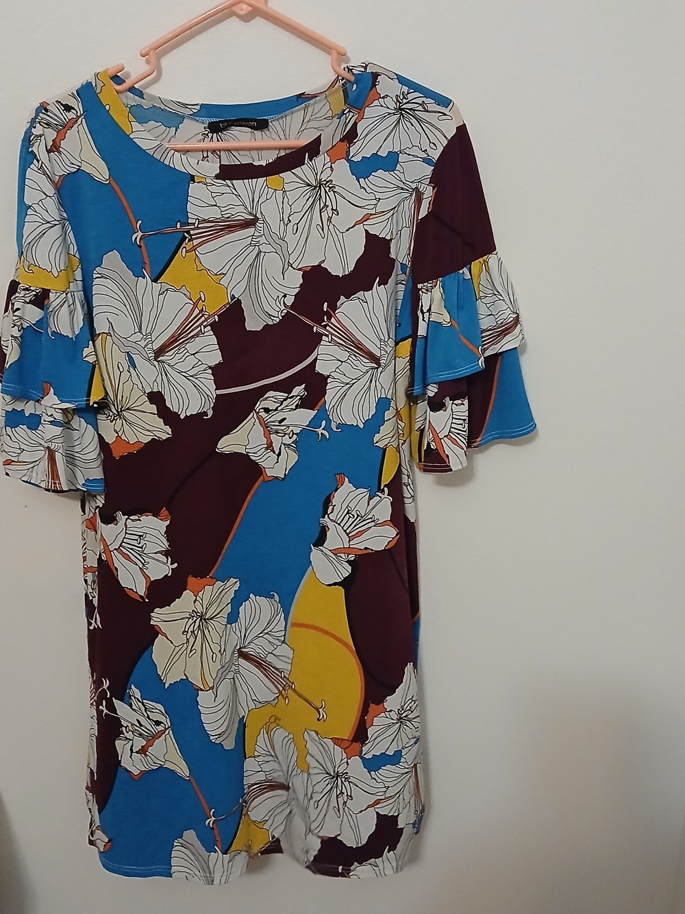 Floral Ruffle Sleeve Tunic Dress - Blue, Maroon & Yellow